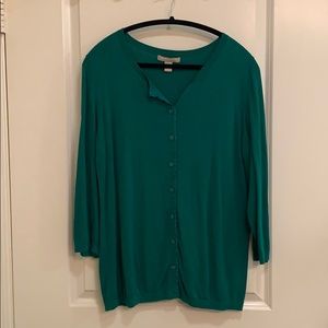 Green button up, 3/4 length sleeve sweater.